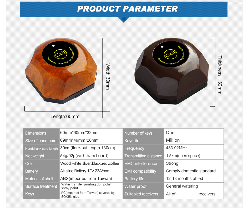 China manufacturer wireless calling equipment with 1 key service caller and touchable display receiver