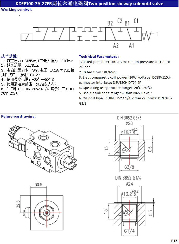 315Bar Industrial Hydraulic Valve 6 Way 2 Position Double Solenoid Valve