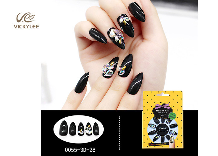 China Fashion Artificial Stiletto 3D ABS Black False Nails With Stone on sale