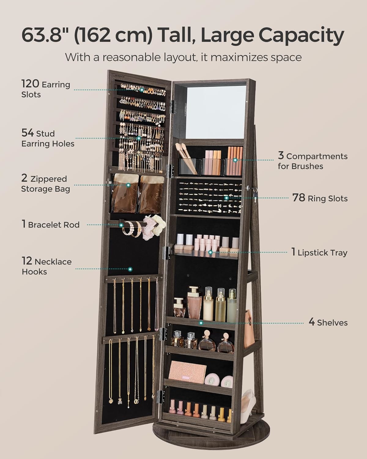 Brown 360° Swivel Jewelry Cabinet Rectangle Standing Mirror With Storage