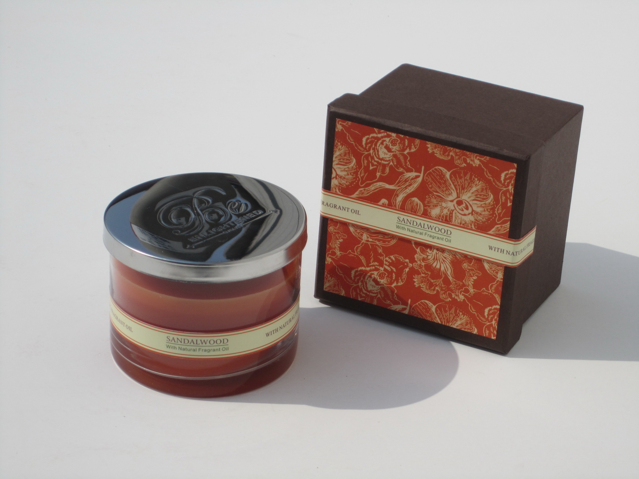 Orange & brown scented glass jar candle with printed label,metal lid decor packed into gift box