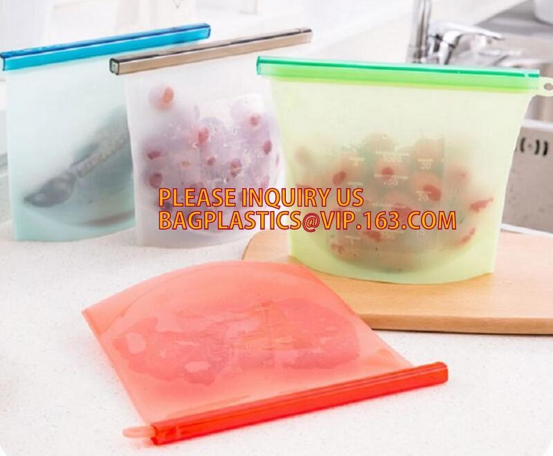 Storage preservation reusable silicone food bag,FDA reusable silicone storage food bag with Zip lockk in microwave bagease