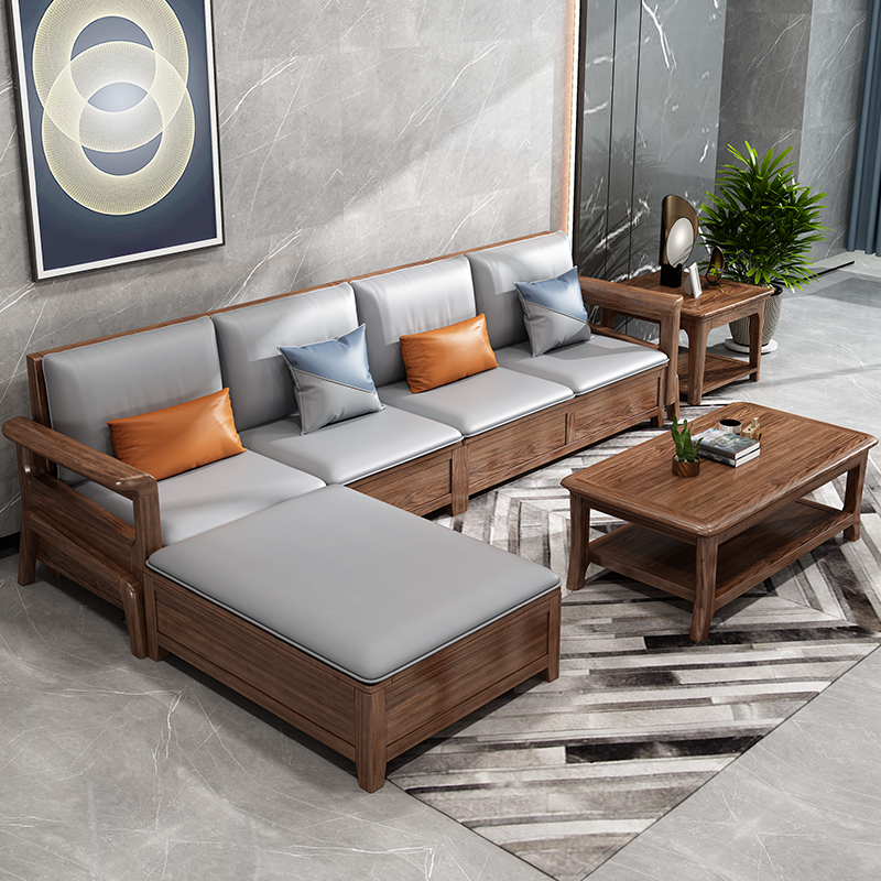 Teak Solid Wooden 7 Seater Sofa Set Modular Lounge With Leather Upholstery