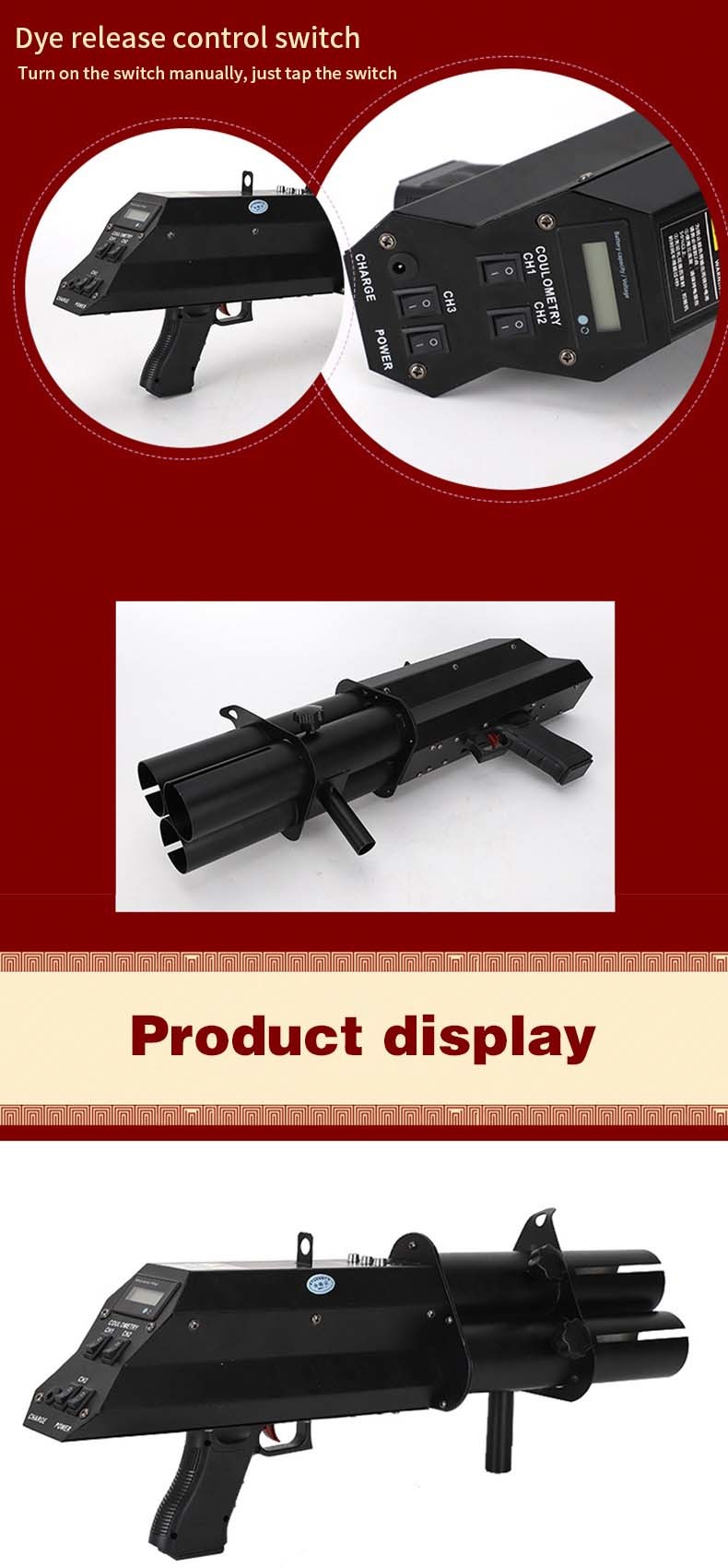 Electronic Fireworks Gun with Three Head Spray and Customized Ribbon Design 50W-10kw Power