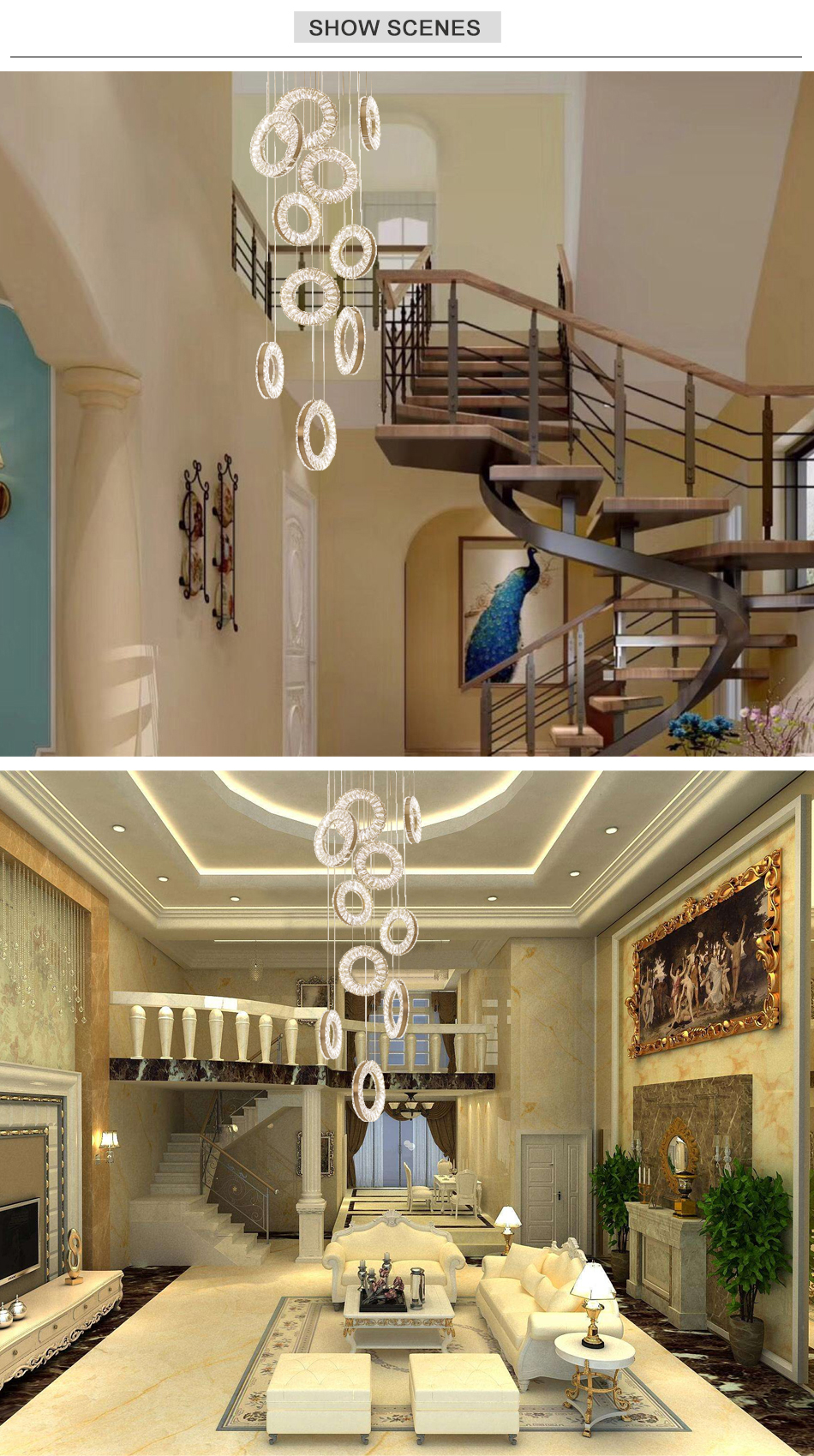 Led Crystal Staircase Chandeliers Modern Rings Hanging Ceiling Lamps(WH-NC-50)