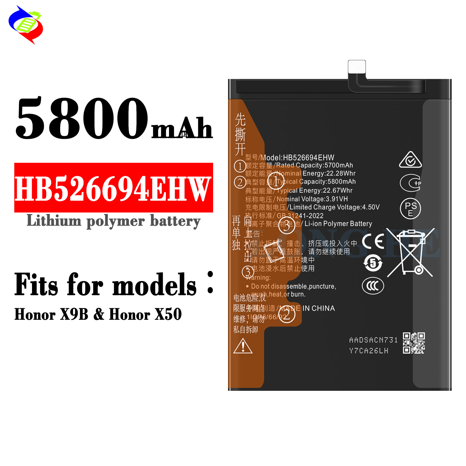 HB526694EHW Polymer Lithium Battery for Mobile Phone Honor X50 X9B ALI-ANOO ALI-NX1