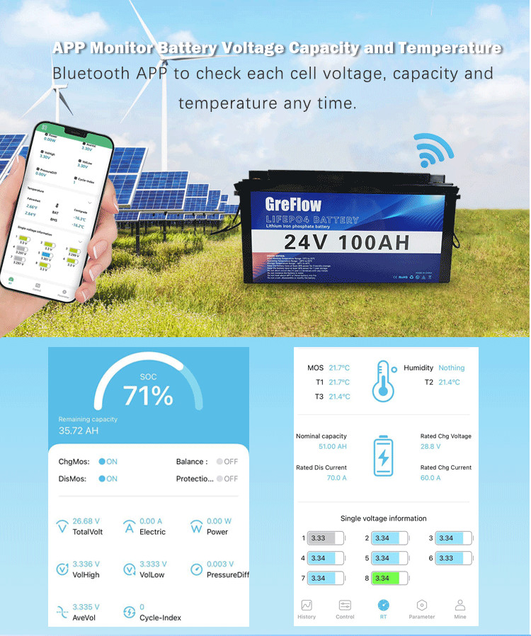 Smart BMS Bluetooth App Energy Power Deep Cycle Lifepo4 Marine Battery 24v 100Ah For Boat