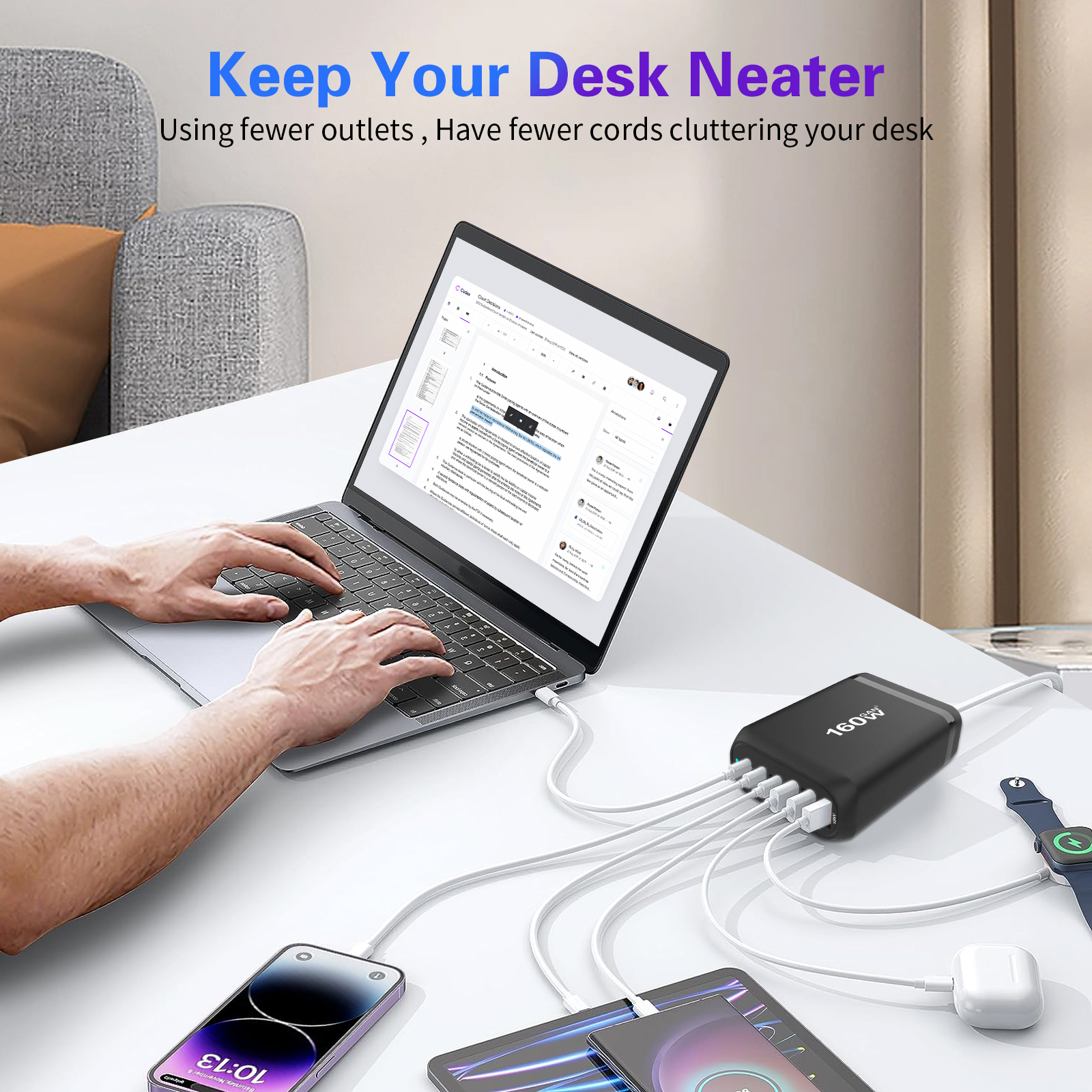 160W 4USB 2USB-C Ports PD Fast Desktop Charger For MacBook And Laptop Power Charging