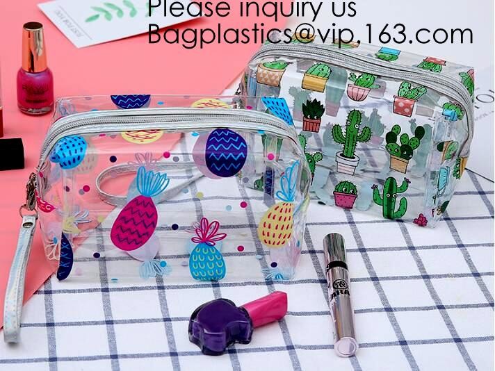 Clear Zipper Pouch with Strap Makeup Bag PVC Cosmetic Pouch,Printing Clear Zip lockk Cosmetic PVC Pouch, bagease, bagplast