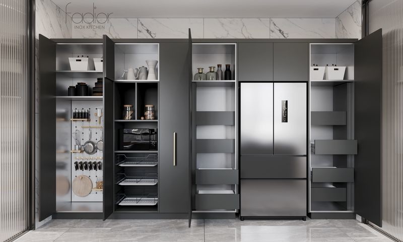 Modern Stainless Steel Double-Line Kitchen Cabinet With Integrated Appliances And Multiple Storage Solution