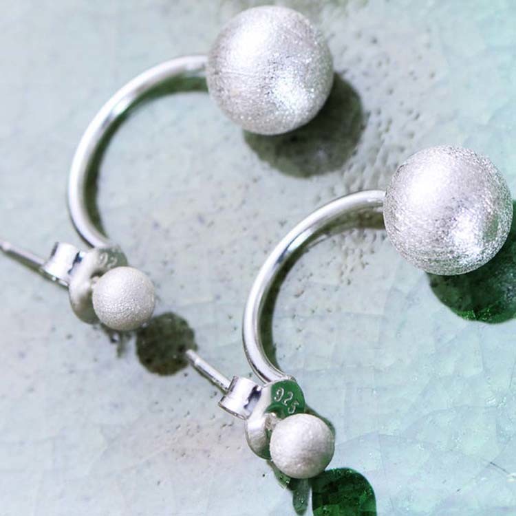Womens Double Sterling Silver Beads Hoop Earrings (XH051332W)