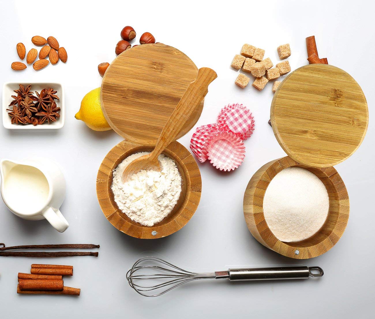 Round Bamboo Salt Box WithLaser Engraving Logo Magnetic Lid Spice Container Good For Durable Storage Organization
