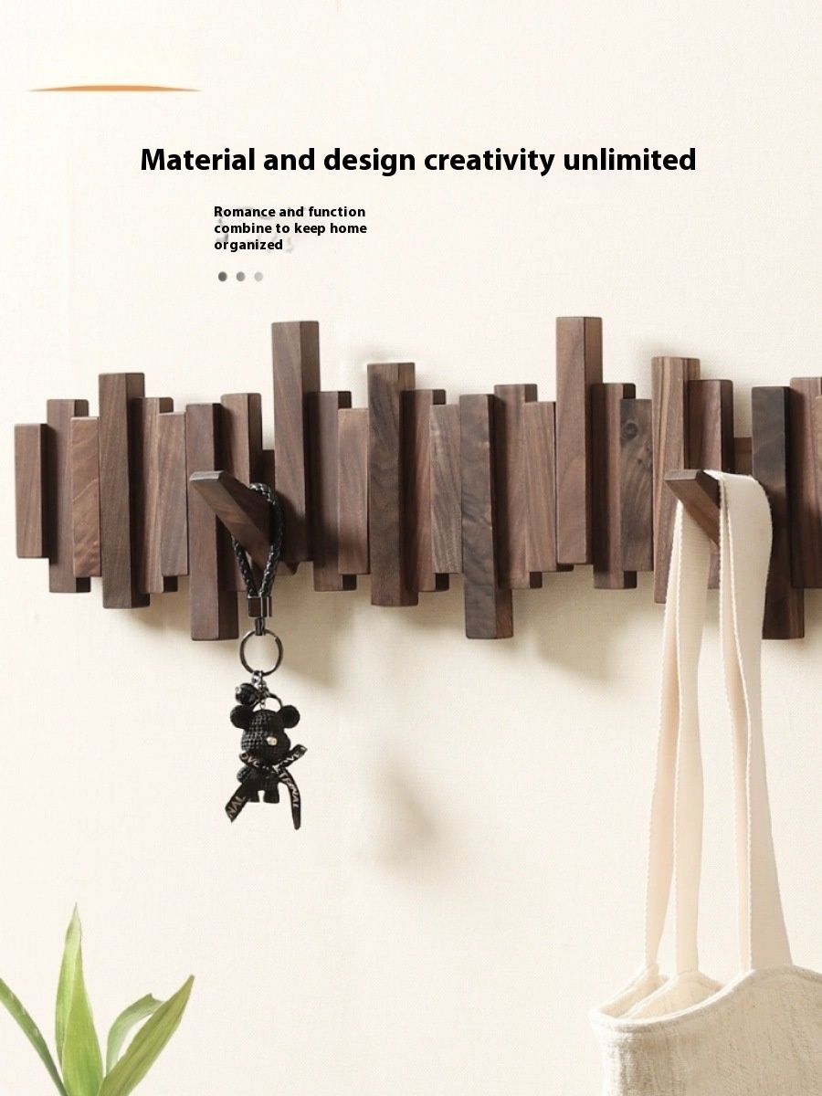 Walnut Wooden Wall Hanger Creative Piano Key-Type Clothes Rack with Staggered Hook Single Tier for Entrance Storage Living Room