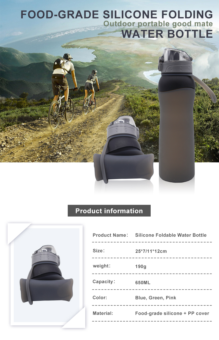 Food Grade 650ML Collapsible Silicone Water Bottle