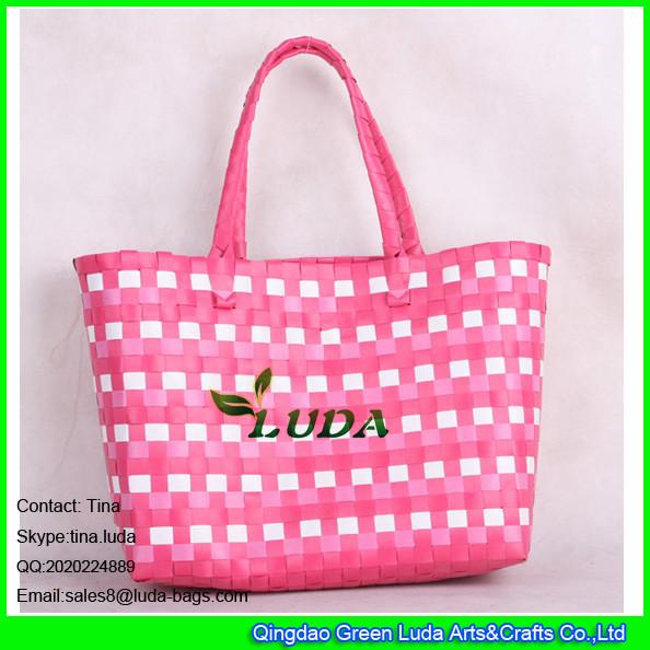 LDSL-027 pink &white mixed woven strap shopping bag large pp beach straw tote