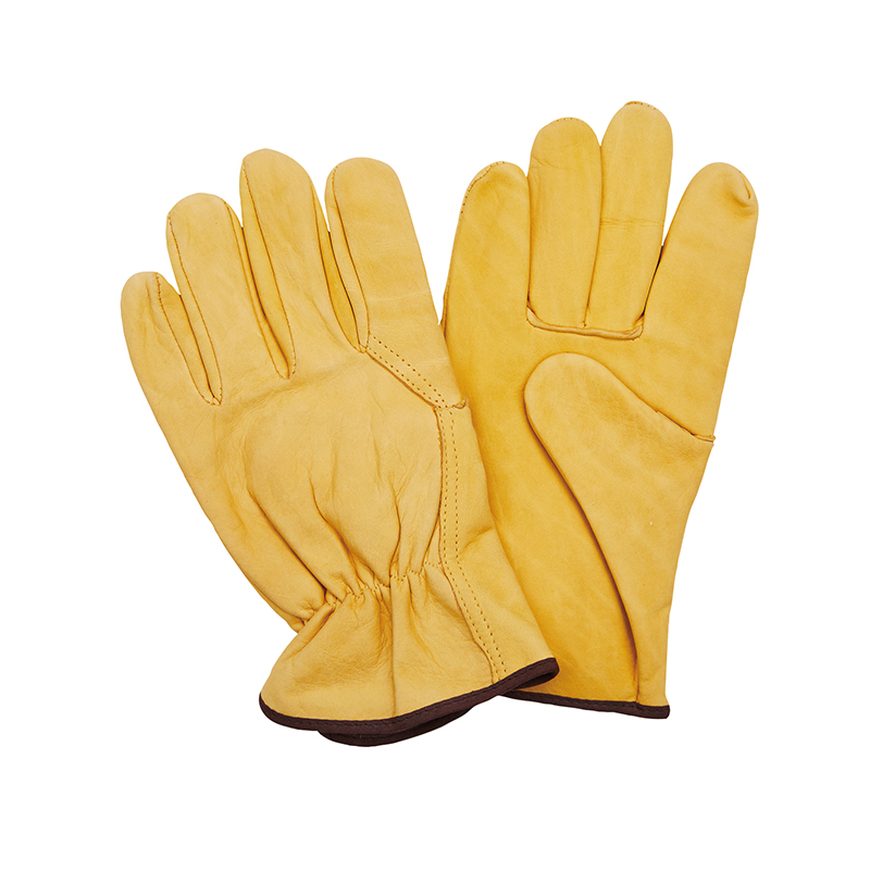 LC10011 Model Name Cow Grain Leather Working Gloves in Golden Color for Driver