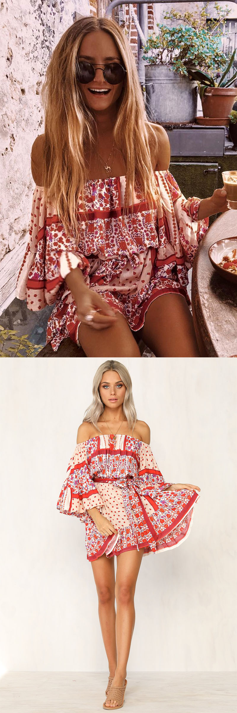 Summer Dresses Women Boho Printed Off Shoulder Mini Dress