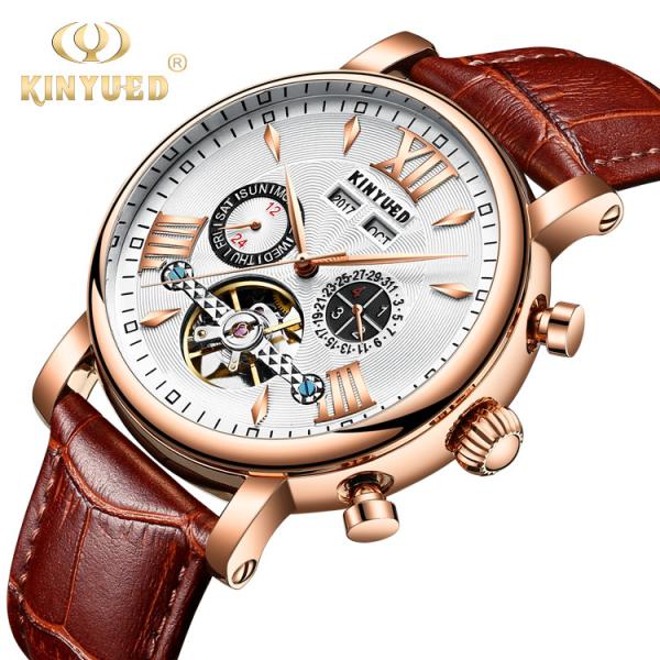 KINYUED J017-1 White Dial Gold Case Leather Strap Complete Calendar Skeleton