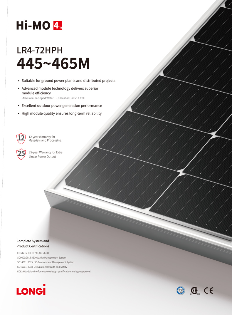 450w Longi Solar Bifacial Module 166x166mm Half Cell LR4 72HPH 450M