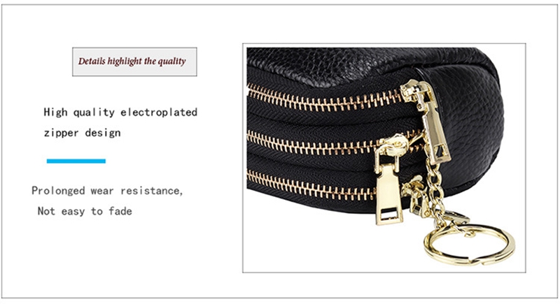 Genuine Leather Purse Three Zip Coin Bag Multi-function Key Bag Wallet Ideal for Daily