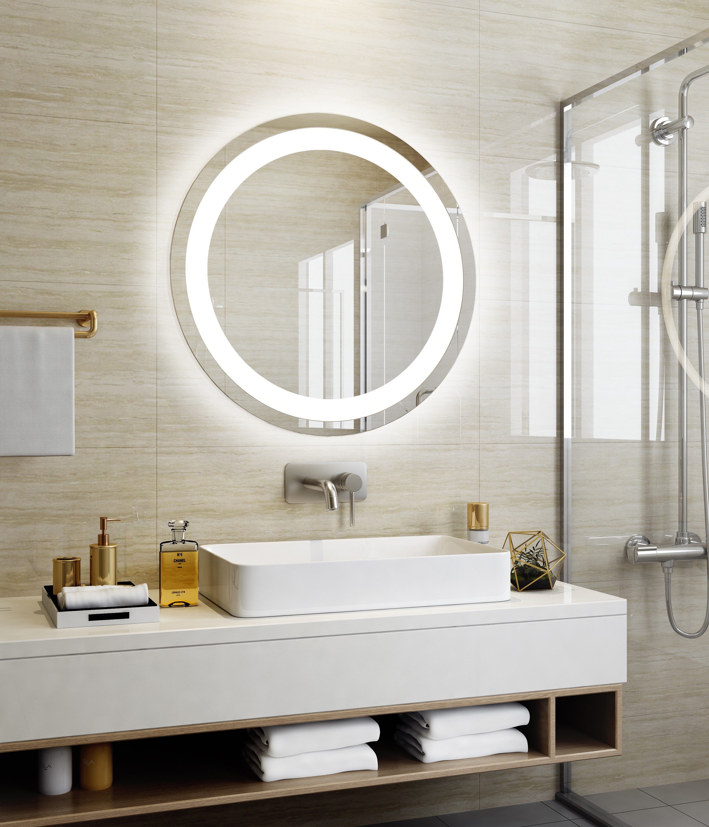 Customized Frame Round LED Backlit Bathroom Mirror with Defogging and ETL Certification