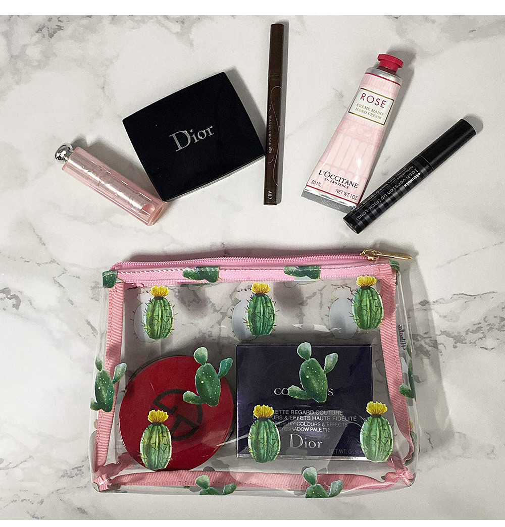 Zippered Cactus Print See Through PVC Cosmetic Bag