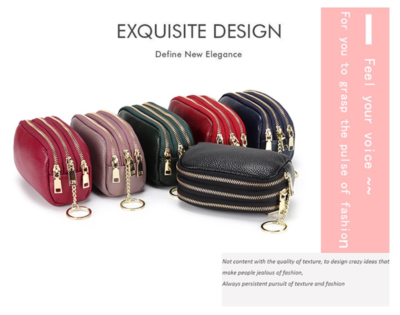 Genuine Leather Purse Three Zip Coin Bag Multi-function Key Bag Wallet Ideal for Daily