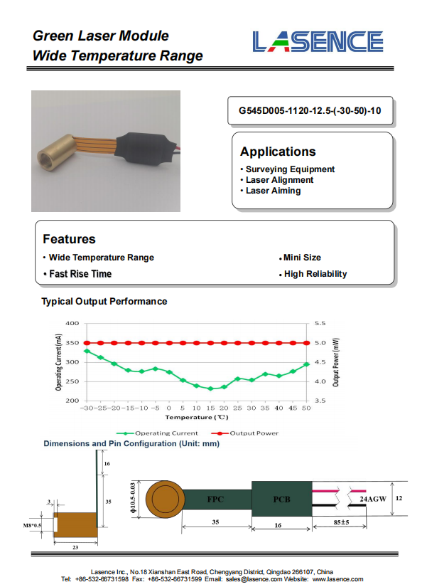 Low Residual IR 650nm Red Laser Diode Coaxial Pigtail with 5% Power Stability at 25 C