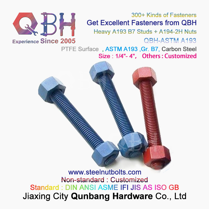 QBH PTFE 1070 Red/Blue/Black/Green Coated 1/4"-4" ASTM A193 B7 Threaded Rod Stud Bolt With A194-2H Heavy Hex Nut