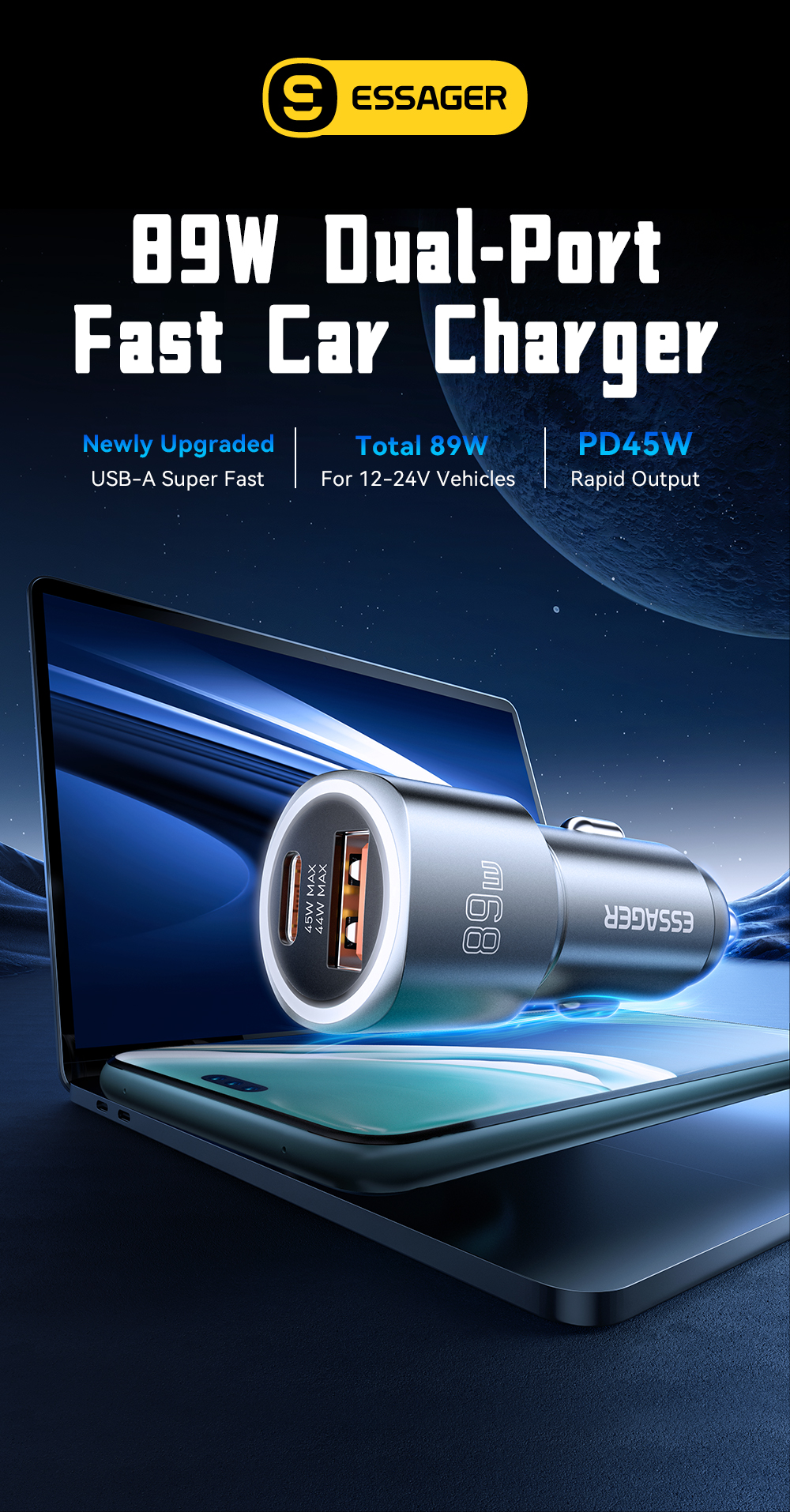 ESSAGER ES-CC16 Series USB A+USB C Cell Phone Quick Charge Car Charger Outlet
