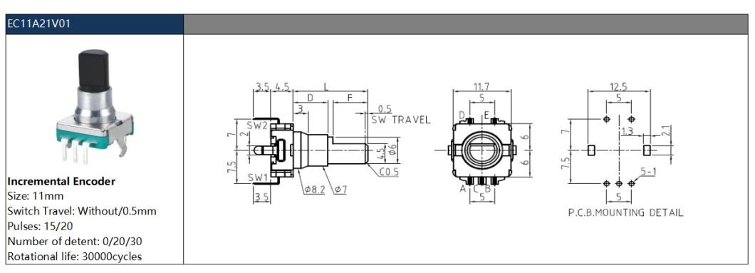 Ec11 Metal Shaft Rotary Encoder 11mm Volume Control Encoder
