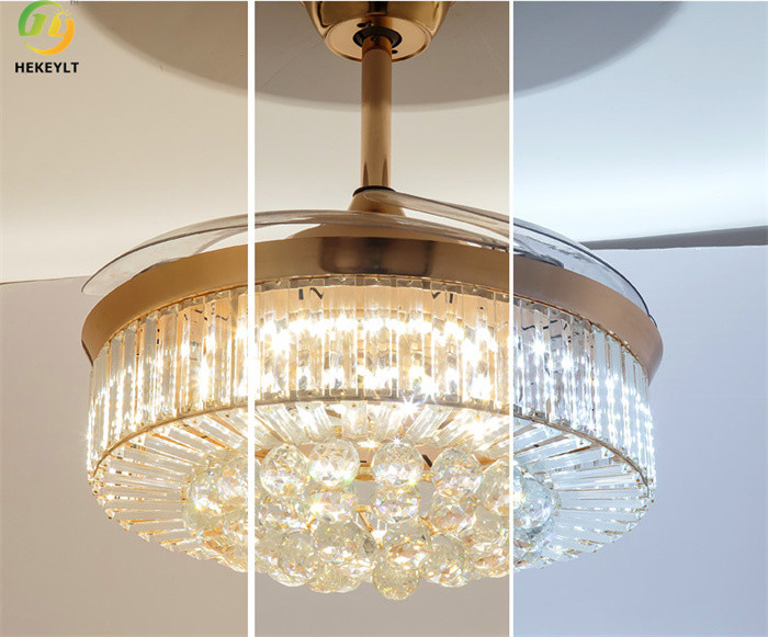 42" Luxury Crystal Chandeliers Led Ceiling Fan With Retractable Blades