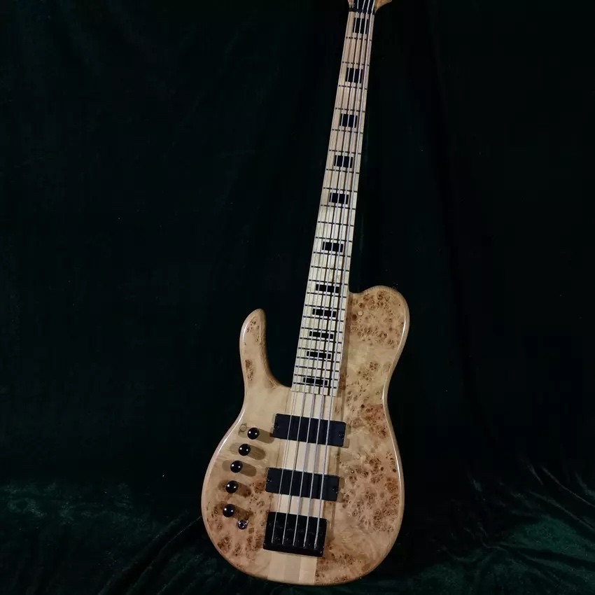 Custom Natural Burl Color One Piece Neck Through 5-Strings Left Handed Electric Bass Guitar
