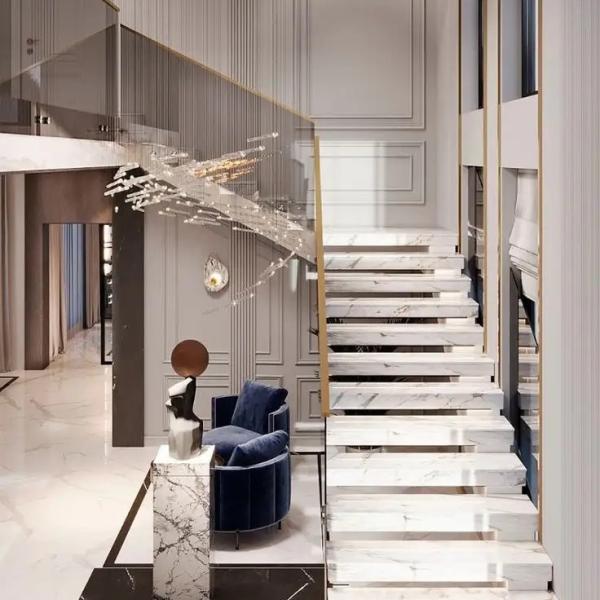 Custom Natural Marble Floating Straight Staircase for Residential or Commercial