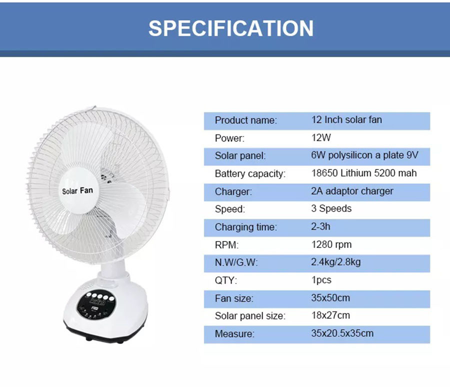 Energy Table 12inch Rechargeable Fans DC Solar With Panel And Lights