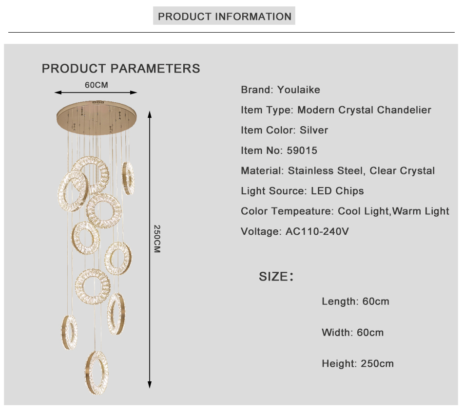 Led Crystal Staircase Chandeliers Modern Rings Hanging Ceiling Lamps(WH-NC-50)