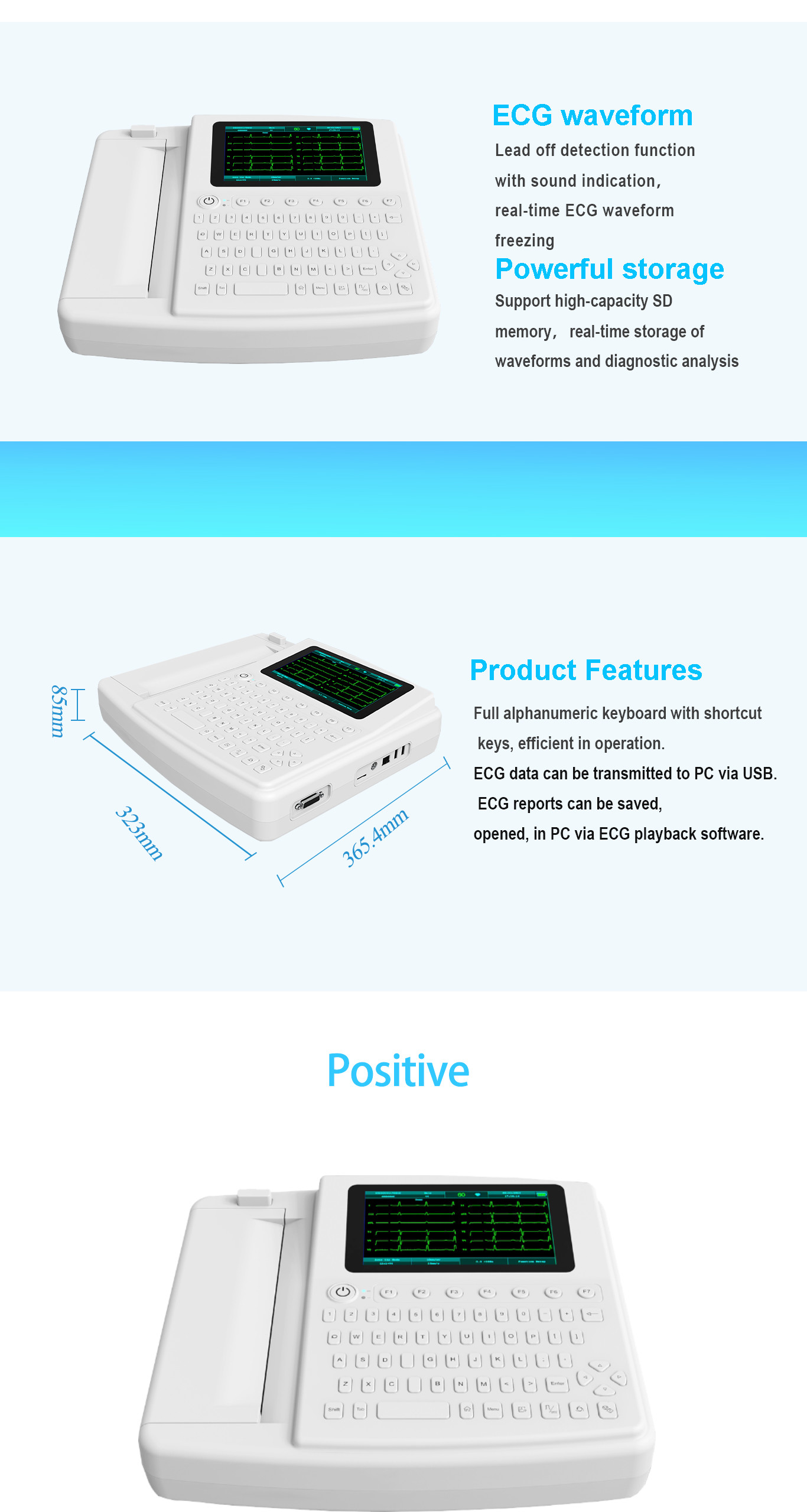 Hospital Color TFT Touch Screen Electronic EKG ECG Machine 7 Inch