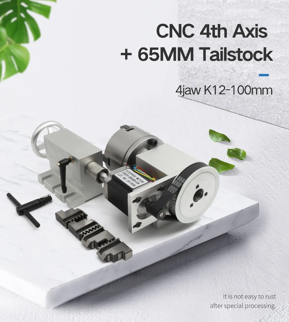 CNC A Rotary 4th Axis MT2 Tailstock 65mm K12-100mm 4 Jaw Chuck Dividing Head