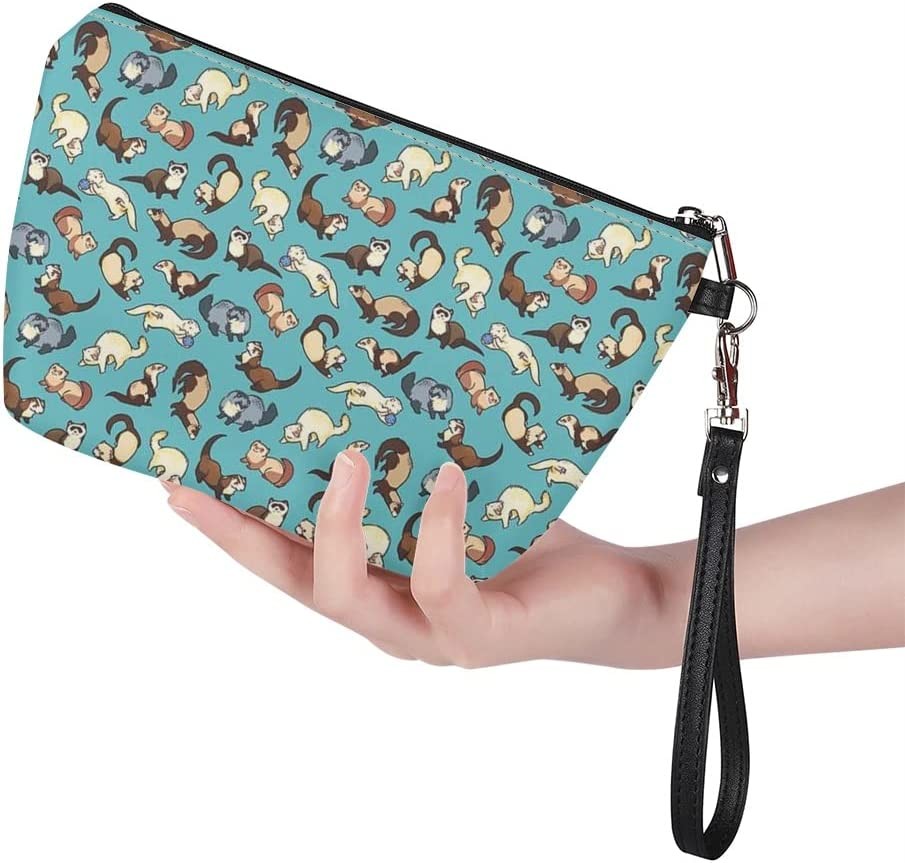 Cute Ferrets Print Small Zipper Makeup Bag with Strap Water Resistant PU Leather Cosmetic Bag