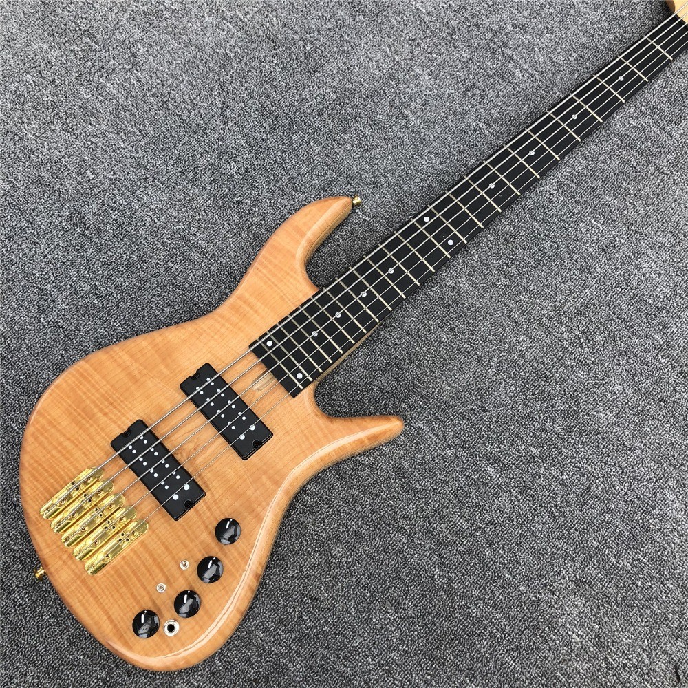 Solid Flame Maple Top 5 Strings Bass Guitar Ebony Fingerboard Custom Gold Hardware Ash Wood Electric Bass