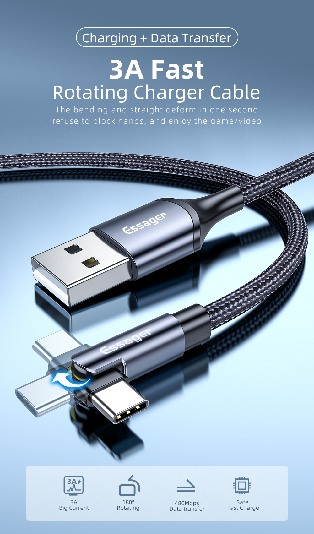 Universal 180 Rotation Type C Charging Cable 3A Quick Charge 480Mbps/s Data Transfer Type C Cable