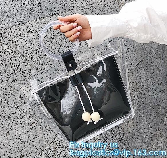 reusable eco friendly tote transparent pvc shopping bag, shopping cluth PVC beach bag with zipper, eco-freindly Promotio