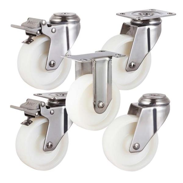 100mm White Solid Nylon Wheels 304 Stainless Steel Swivel Casters With Brakes