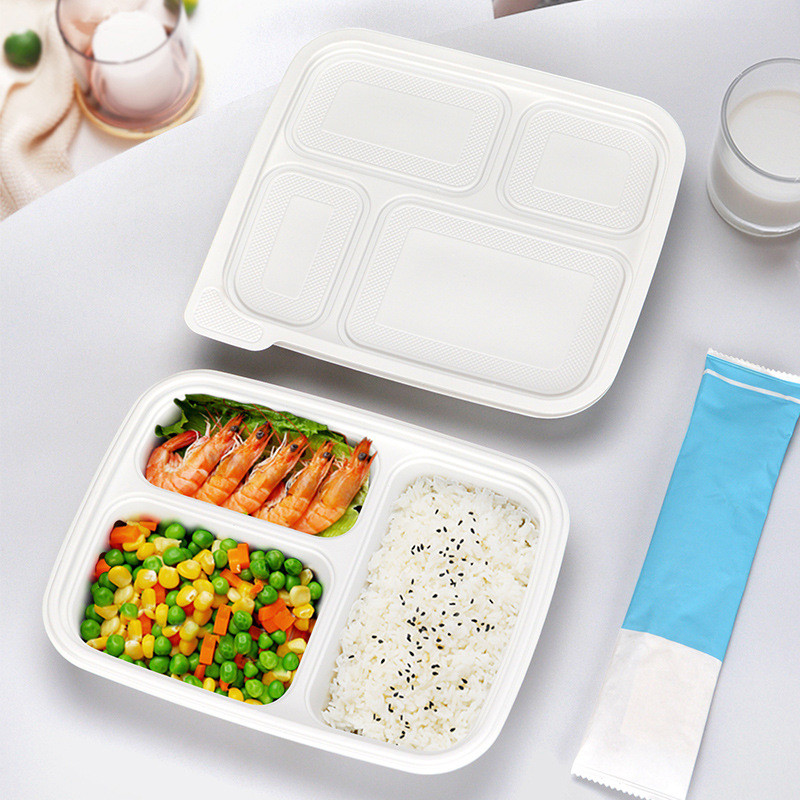 Three compartments starch warp up tray white color eco friendly fast food container with lid