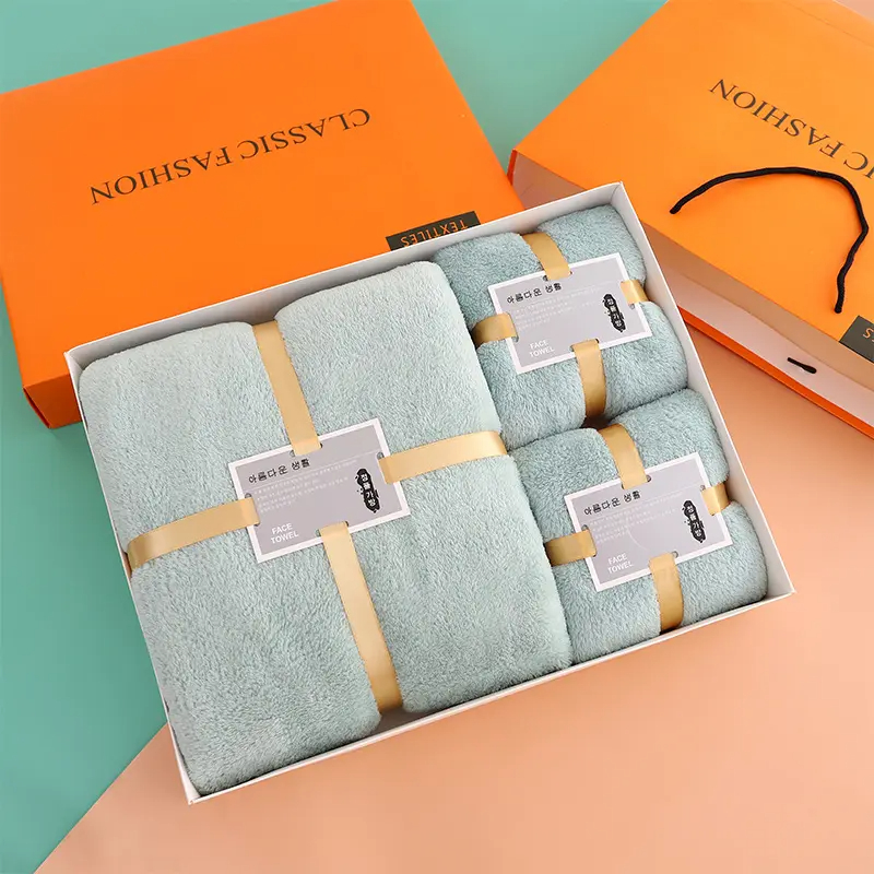 Superfine Fiber Rectangle Bath Towel Set for Thickened Coral Velvet Face Wash and Bath