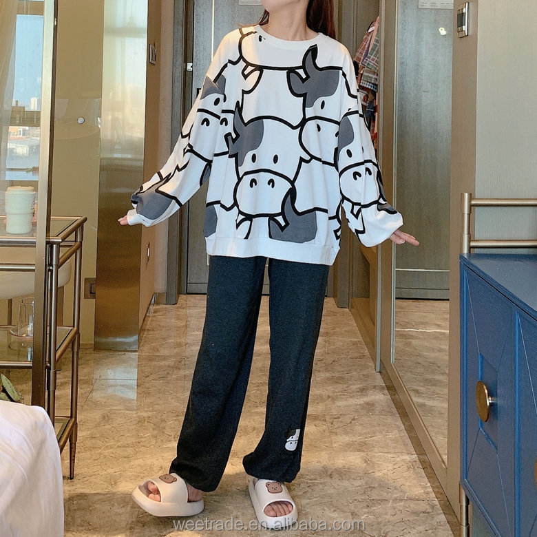 Printed cow long sleeve girl pajamas for ladies leisure wear pajamas 2 piece pajama set