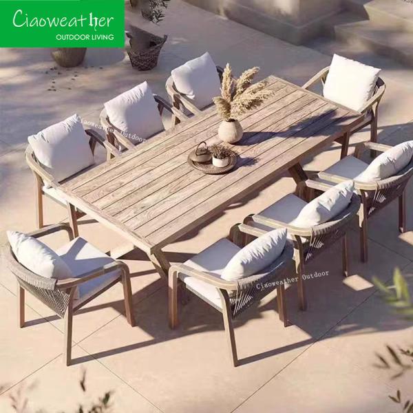 Hotel Outdoor Standard Patio Rope Weaving Teak Wood Garden Table and Chair Set