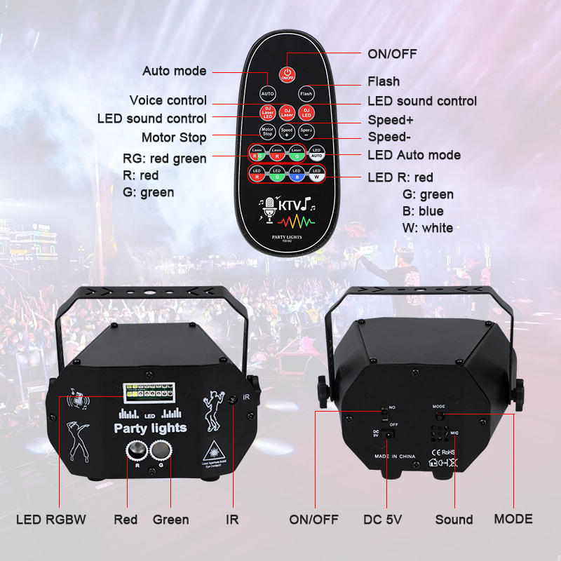 New Mini 3 in 1 Laser Light Sound Activated USB LED Stage Lights Adjustable Speed Party Atmosphere Lamp with Remote Cont