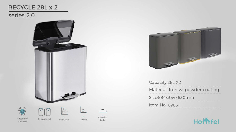 28L SS Rectangular Pedal Trash Can Waste Bin With Rolling Cover Type