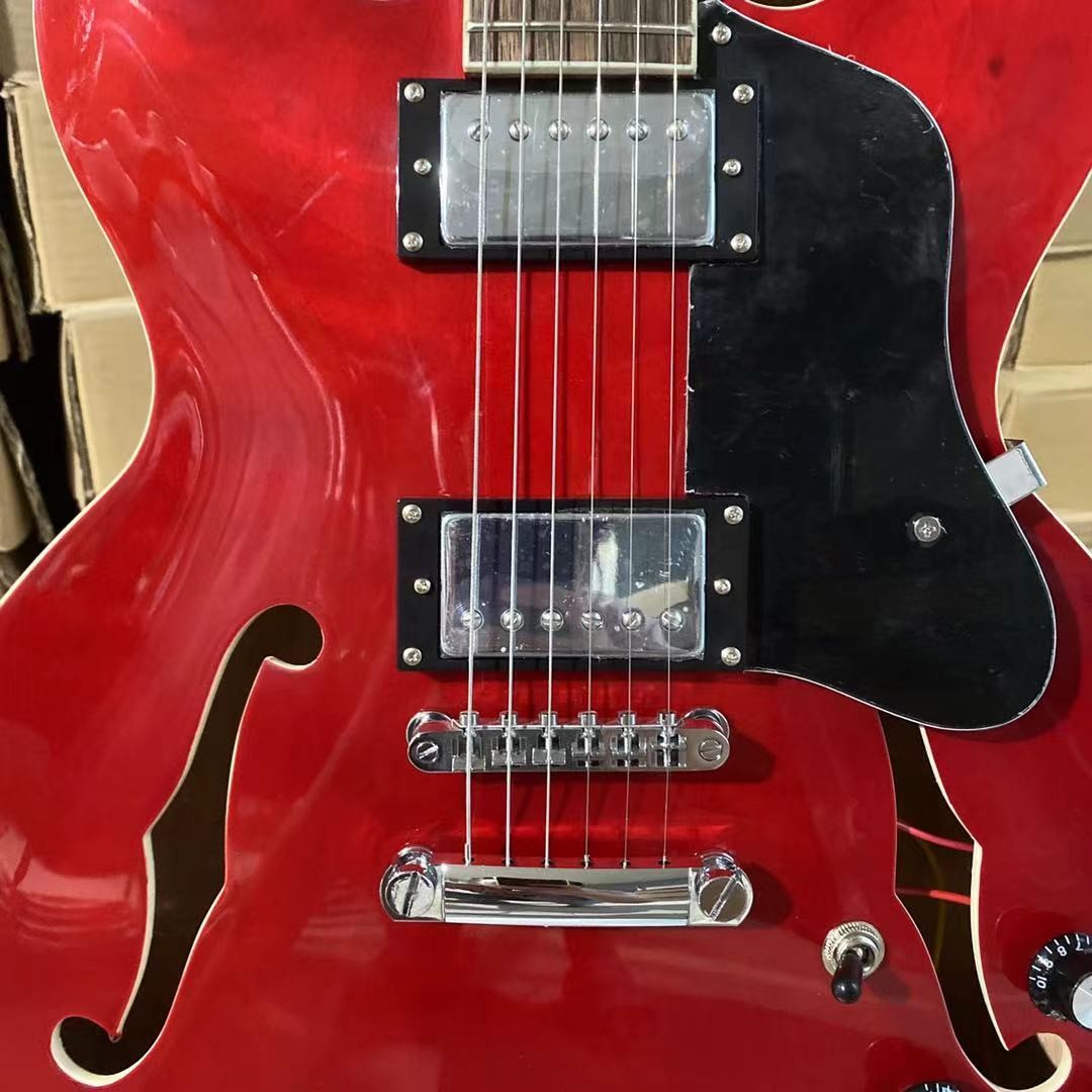 Custom ES 335 Style Semi Hollow Electric Guitar Jazz Model in Transparent Red Color